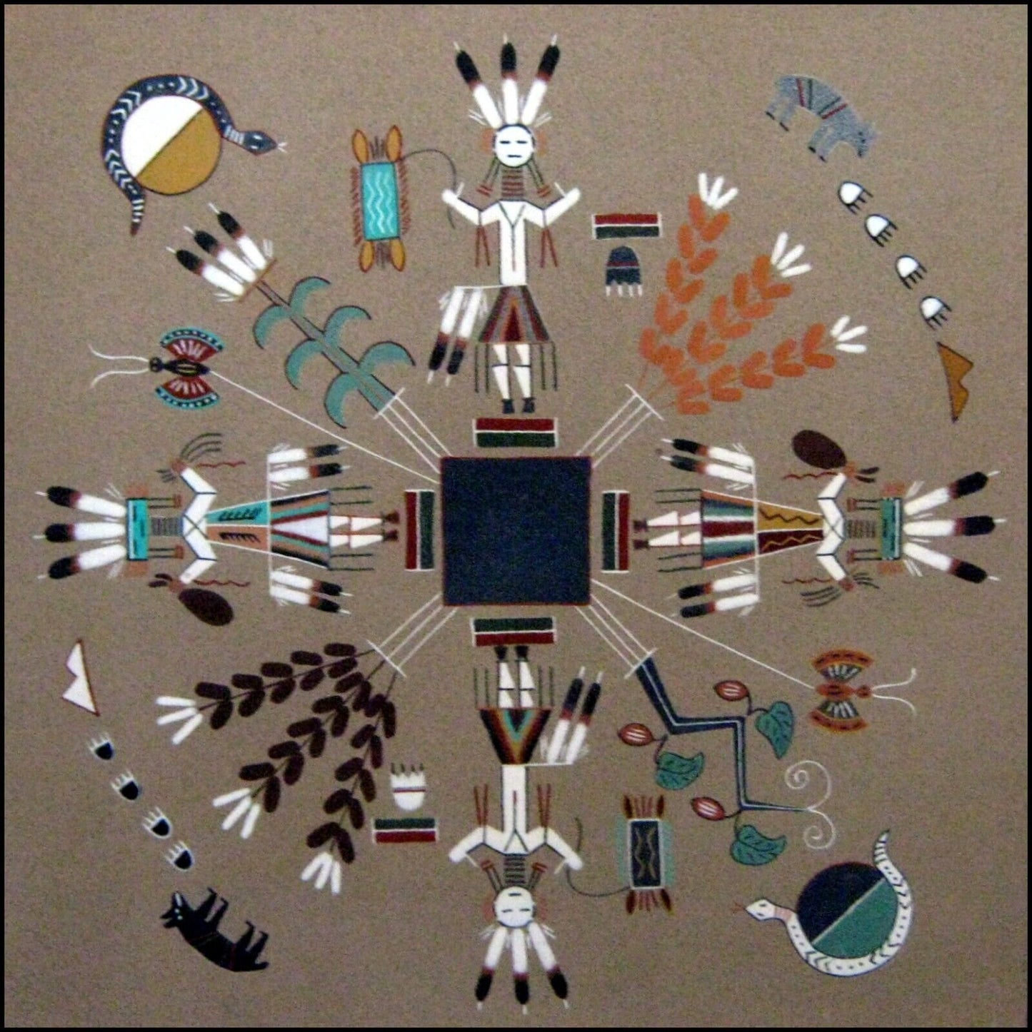 Sand Painting Navajo Style Signed Snake and Bear