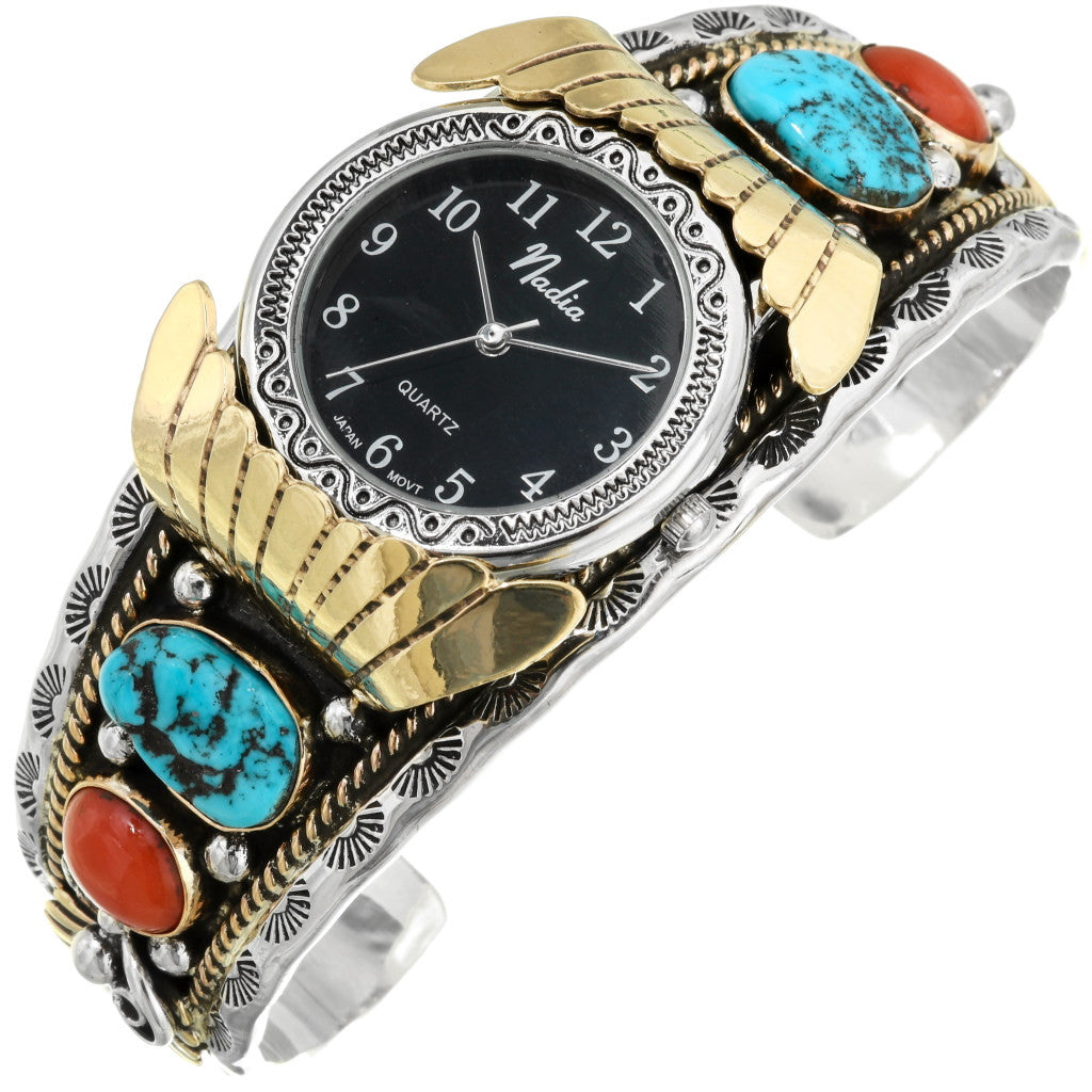 Navajo Gold Silver Watch Cuff Turquoise Coral Design