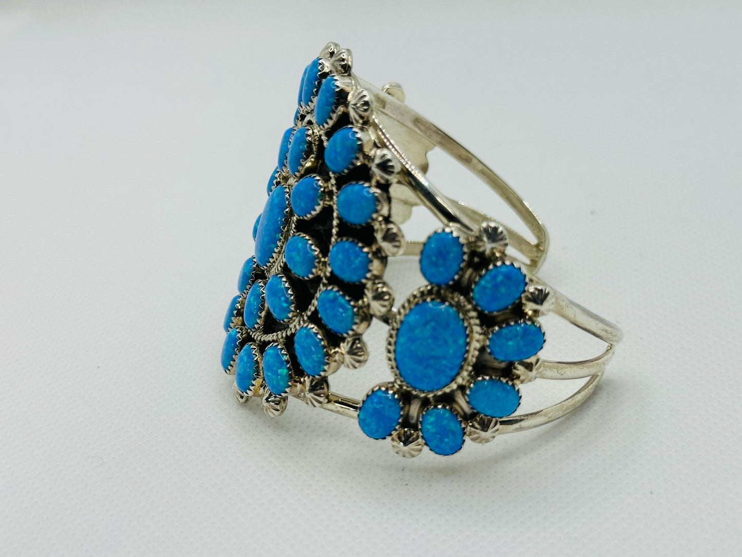 Gorgeous High-Quality Cuff Bracelet, made of 925 Solid Sterling Silver set with 41 Genuine Blue Opal.