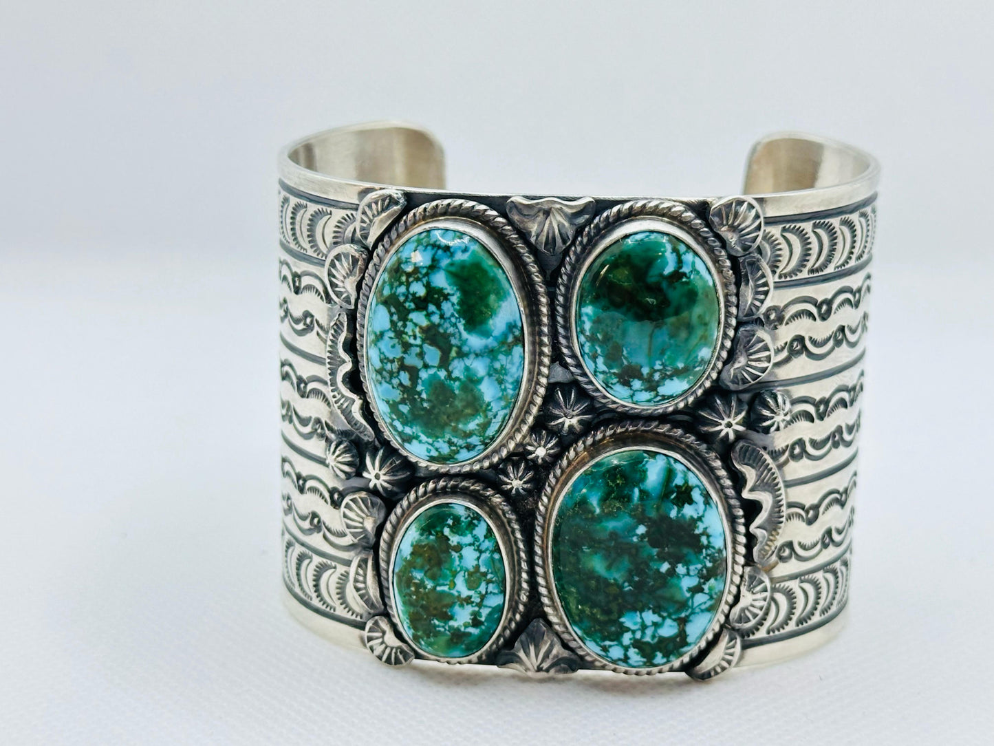 NAVAJO Artist FRANCIS. 4-STONE WEB TURQUOISE STORYTELLER BRACELET