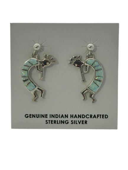 Earrings, fire opal kokapelli 