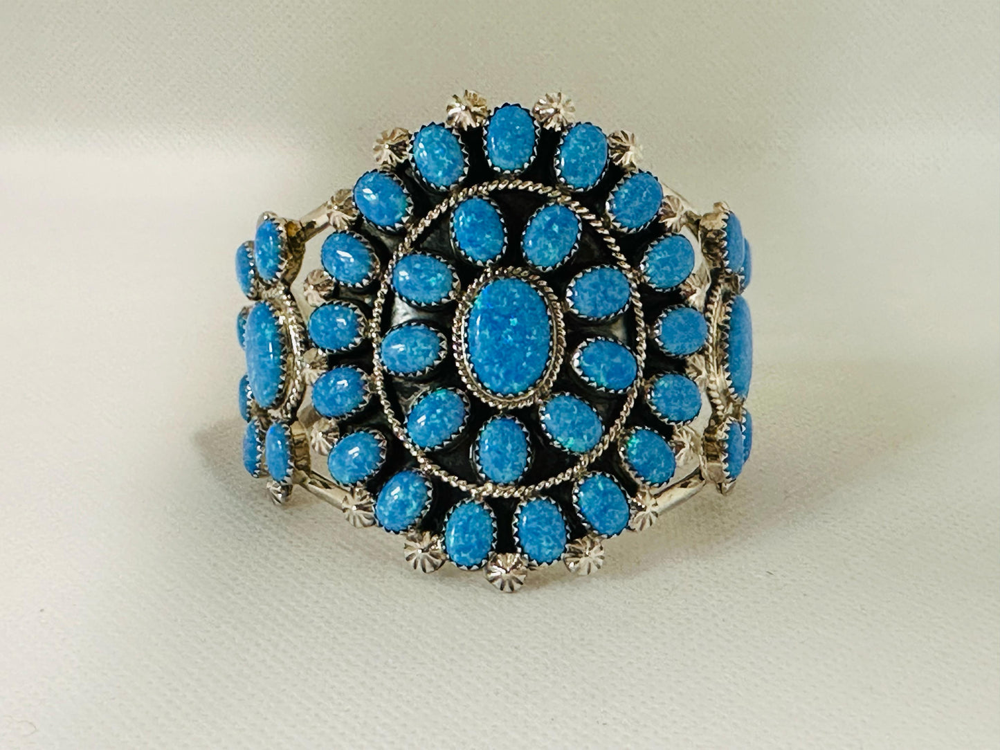 Gorgeous High-Quality Cuff Bracelet, made of 925 Solid Sterling Silver set with 41 Genuine Blue Opal.