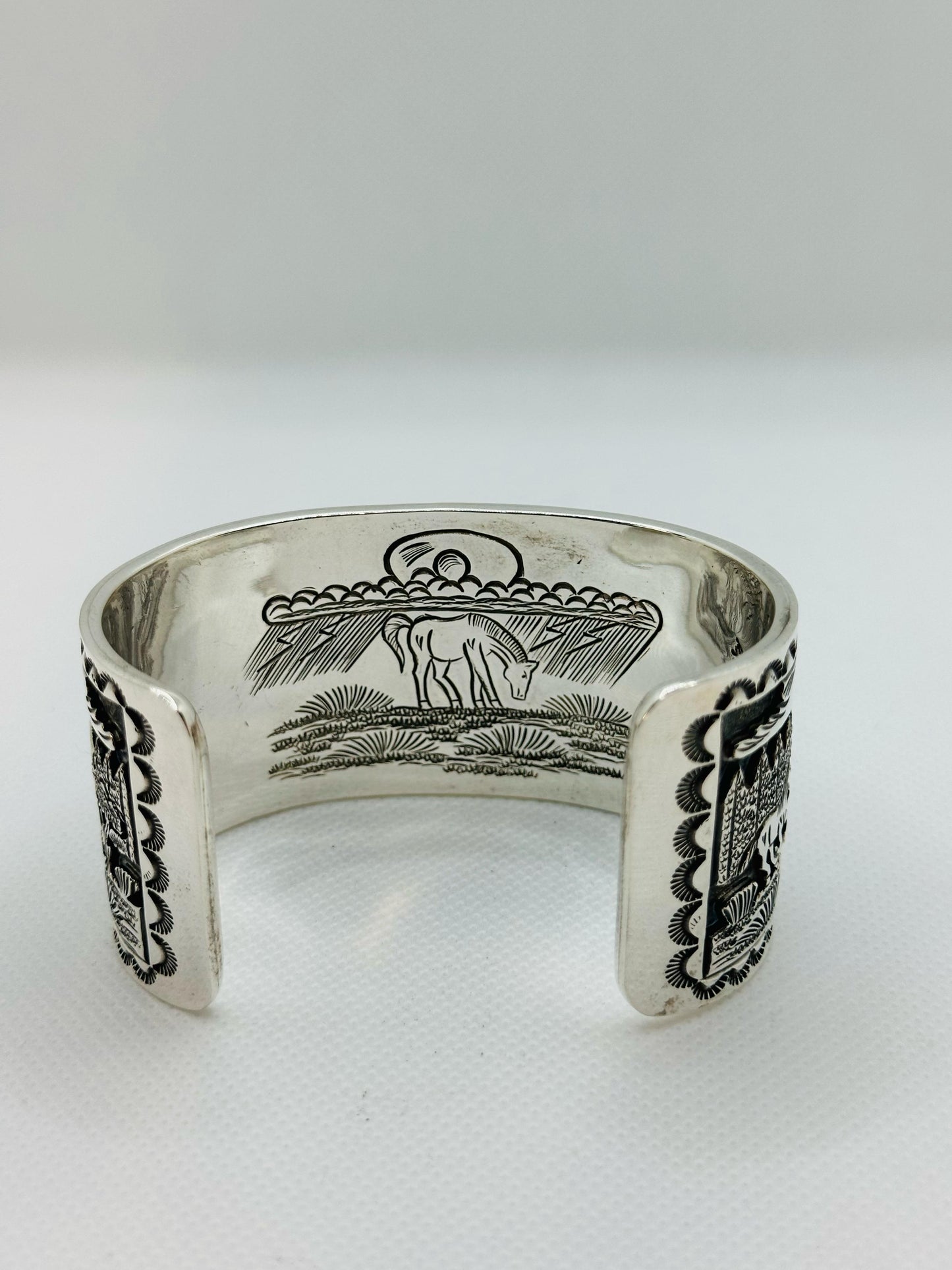 Navajo Indian Hand Stamped Sterling Silver Storyteller Horse Bracelet