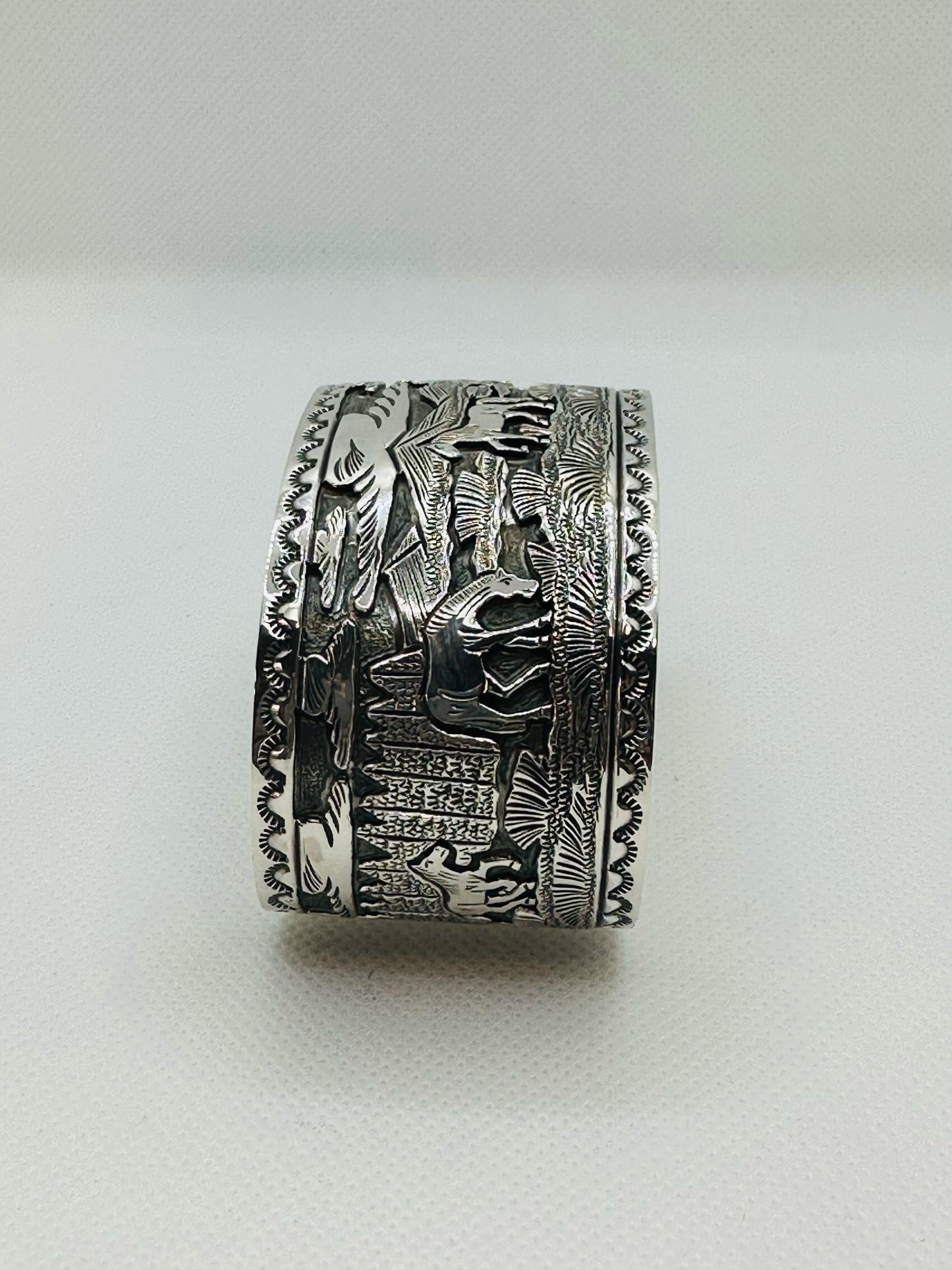 Navajo Indian Hand Stamped Sterling Silver Storyteller Horse Bracelet