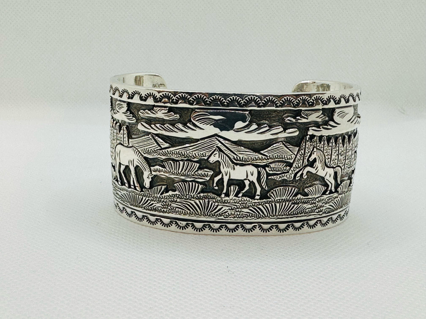 Navajo Indian Hand Stamped Sterling Silver Storyteller Horse Bracelet