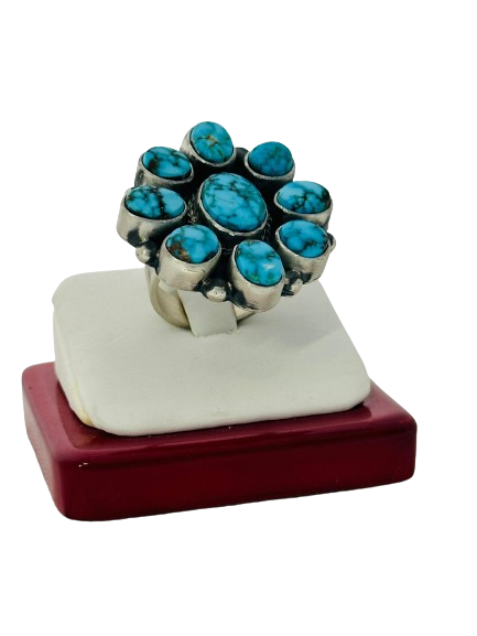 KINGMAN TURQ FLOWER RING, HANDMADE BY NAVAJO .