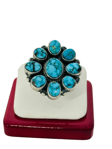 KINGMAN TURQ FLOWER RING, HANDMADE BY NAVAJO .