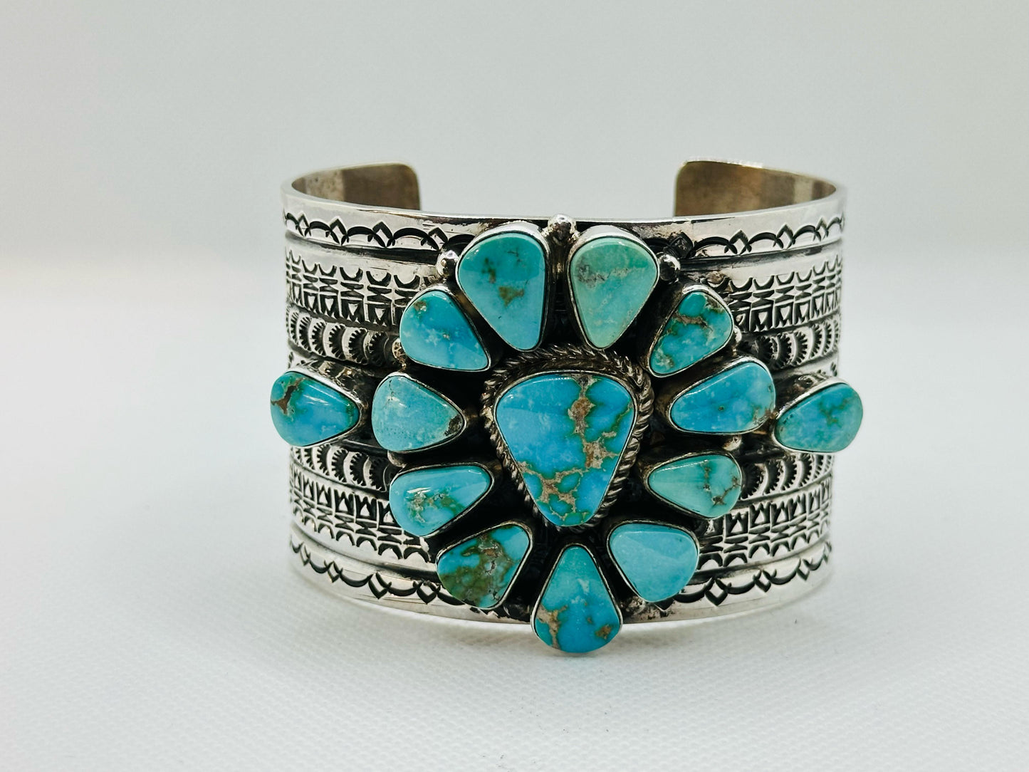 Bracelet Set With 14 Kingman Turquoise Stones Designed By Navajo Artist MAYNARD GARCIA .