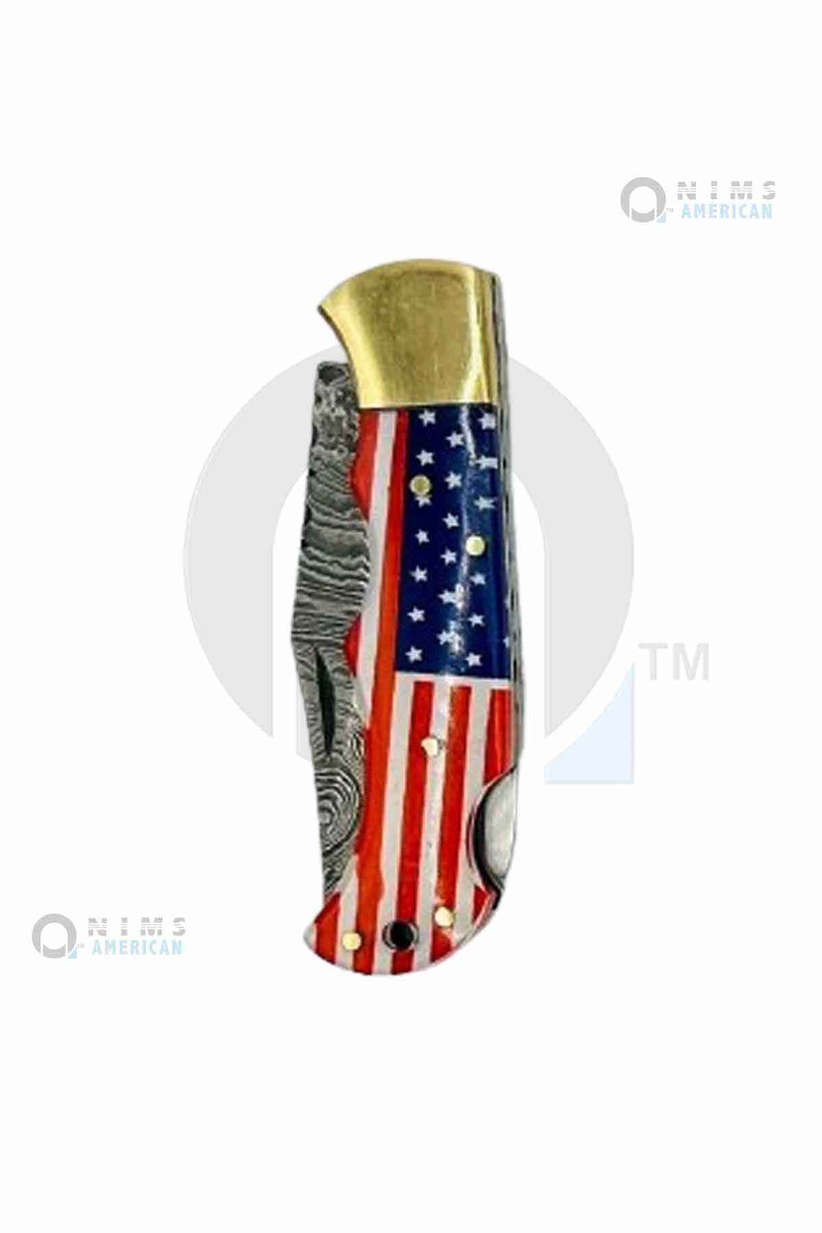 31014- 4" Handmade Damascus Pocket Knife Back Gold Bolsters Lock Folding Knife Nims American.