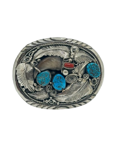 Bear claw turquoise, coral belt buckle 