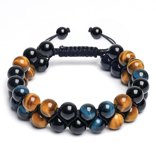 Bracelets for Men Women, Triple Protection Bracelet with 8mm Blue Yellow Tigers Eye Black Obsidian, Adjustable Healing Stone Handmade Bracelet,