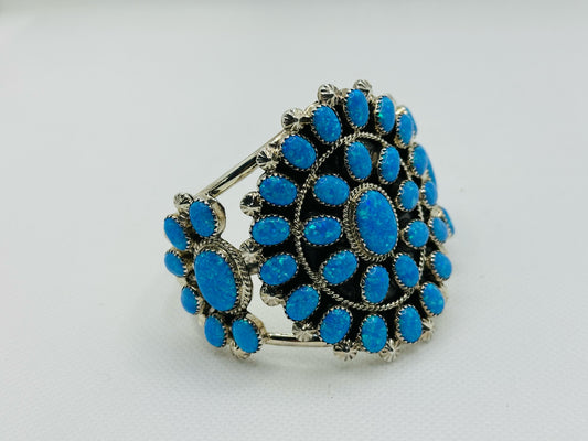 Gorgeous High-Quality Cuff Bracelet, made of 925 Solid Sterling Silver set with 41 Genuine Blue Opal.