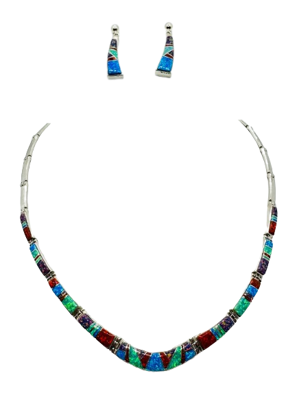 Navajo Made Necklace, Multi Stones Opal Inlay,