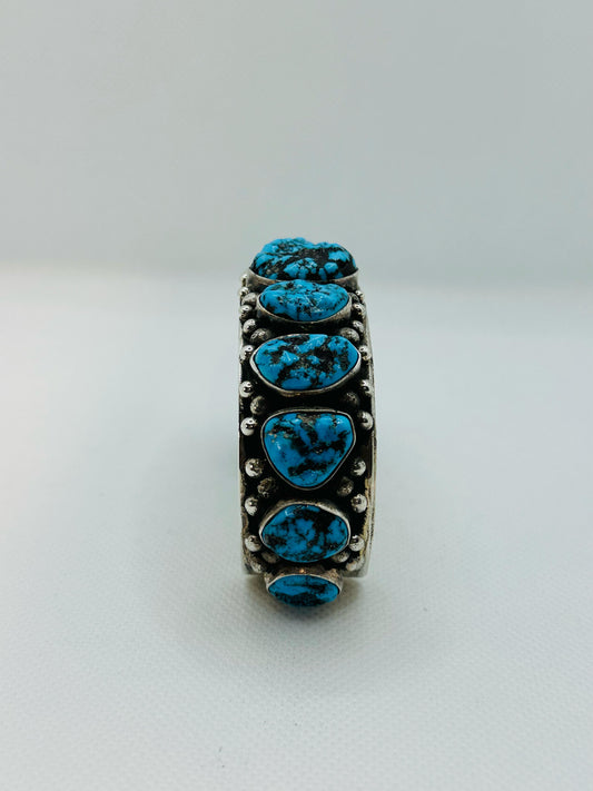 Navajo Kingman Turquoise Silver Row Cuff Hammered Sterling Bracelet