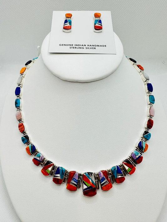 Handmade Necklace, Multi color Stones Inlay, Navajo Made
