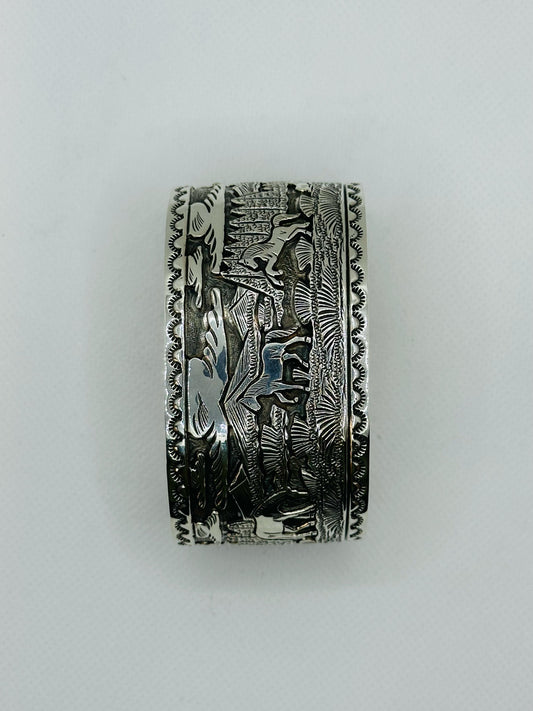 Navajo Indian Hand Stamped Sterling Silver Storyteller Horse Bracelet