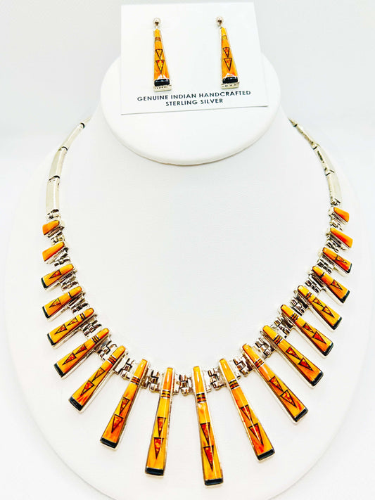 Spiny oyster , Fire Opal Red Necklace, Multi Stone Inlay, Navajo Made