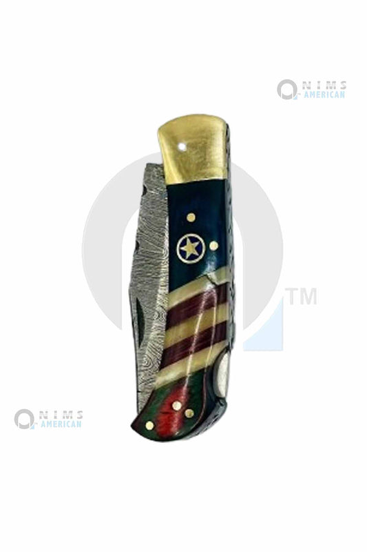 31013- 4" Handmade Damascus Pocket Knife Back Lock Gold Bolsters  Folding Knife Nims American.