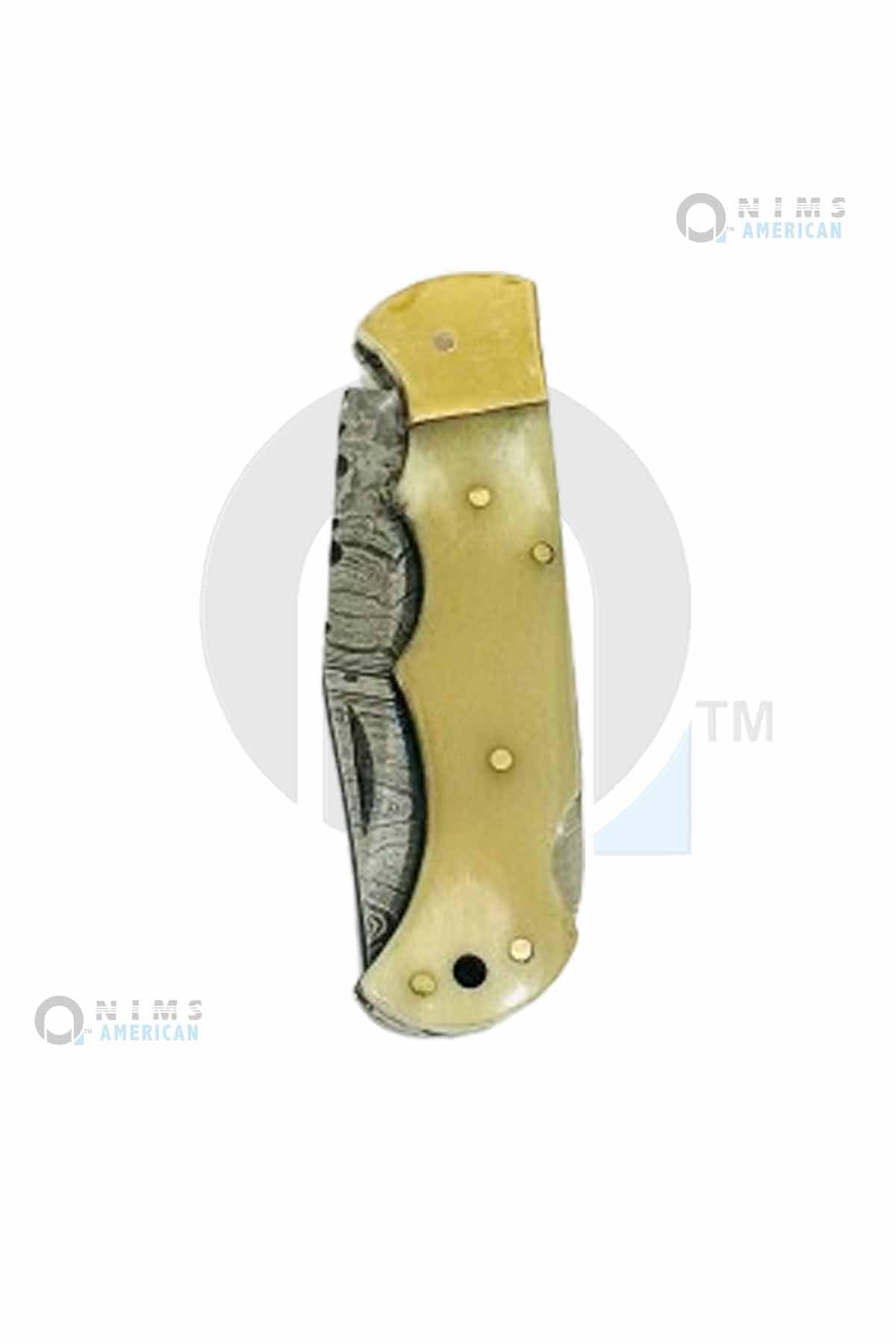 31101-NIMS 4" Handmade Damascus Pocket KnifeGold Bolsters  Back Lock Folding Knife Nims American.