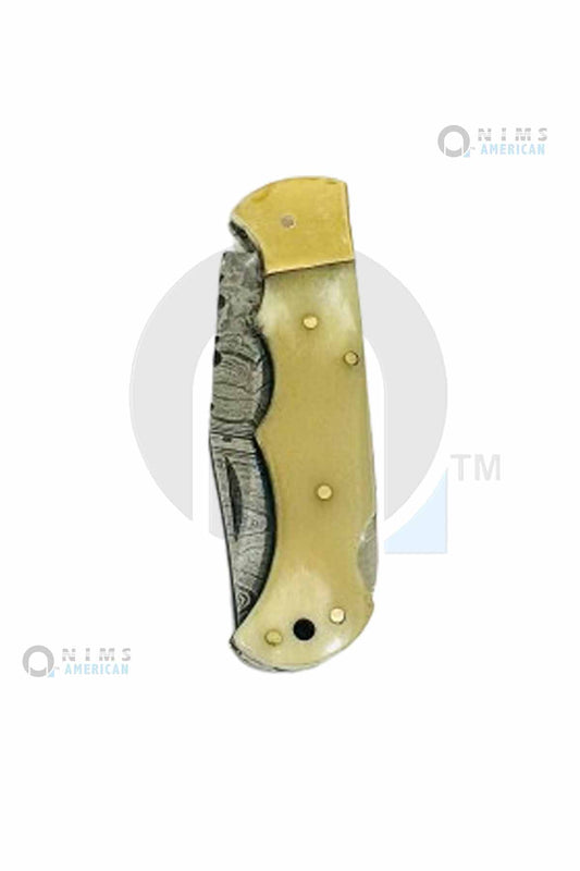 31101-NIMS 4" Handmade Damascus Pocket KnifeGold Bolsters  Back Lock Folding Knife Nims American.