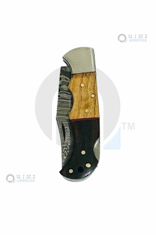31091-NIMS 4" Handmade Damascus Pocket Knife Back Silver Bolsters  Lock Folding Knife Nims American.