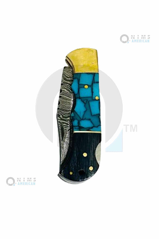 31100-NIMS 4" Handmade Damascus Pocket Knife Back Lock Folding Knife Gold Blasters Nims American.