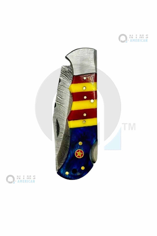 31020- 4" Handmade Damascus  Arizona Flag Pocket Knife Back Lock Folding Knife Silver Blasters Nims American.