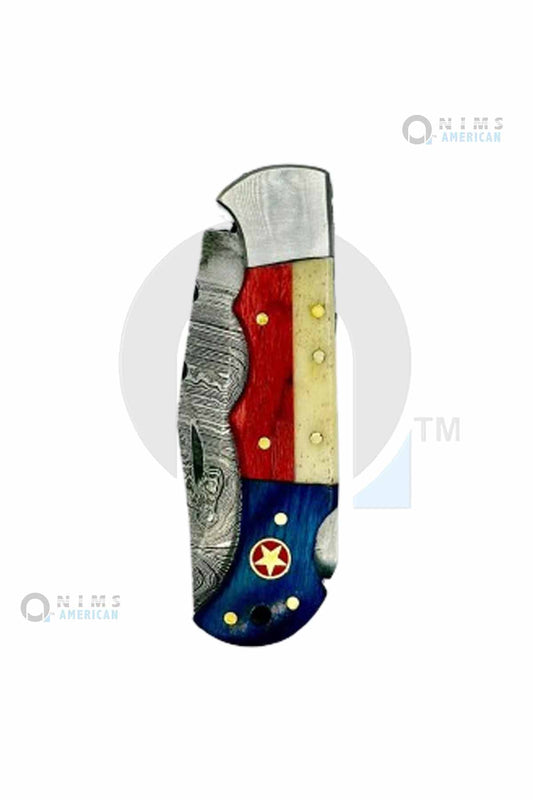 31069-NIMS 4" Handmade Damascus Pocket Knife Back Lock Folding Knife TX Silver Bolsters  Nims American.