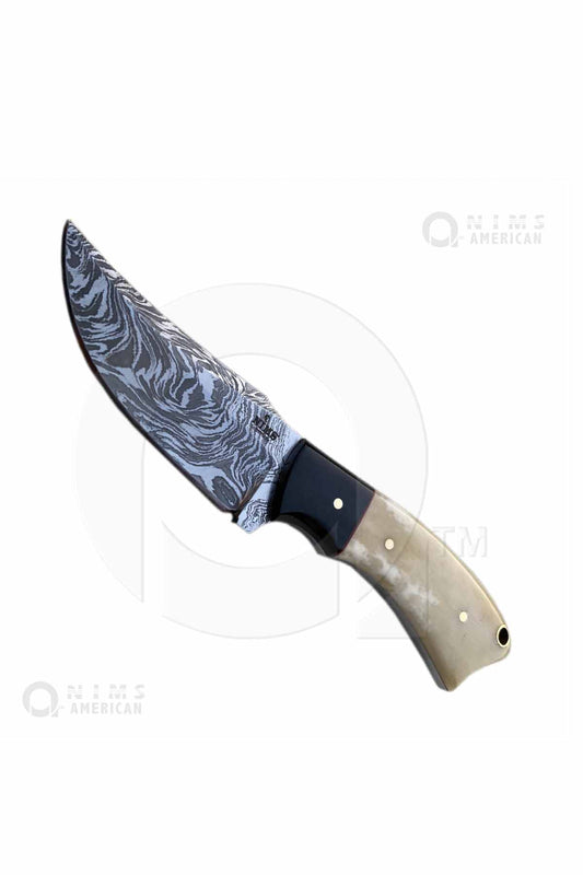 31007- Hunting KNIFE Damascus Steel Blade Black Buffalo Horn & Camel Bone Handle Nims American
