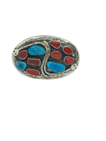 Effie snake belt buckle with Coral and Turquoise handmade by Effie Zuni ￼